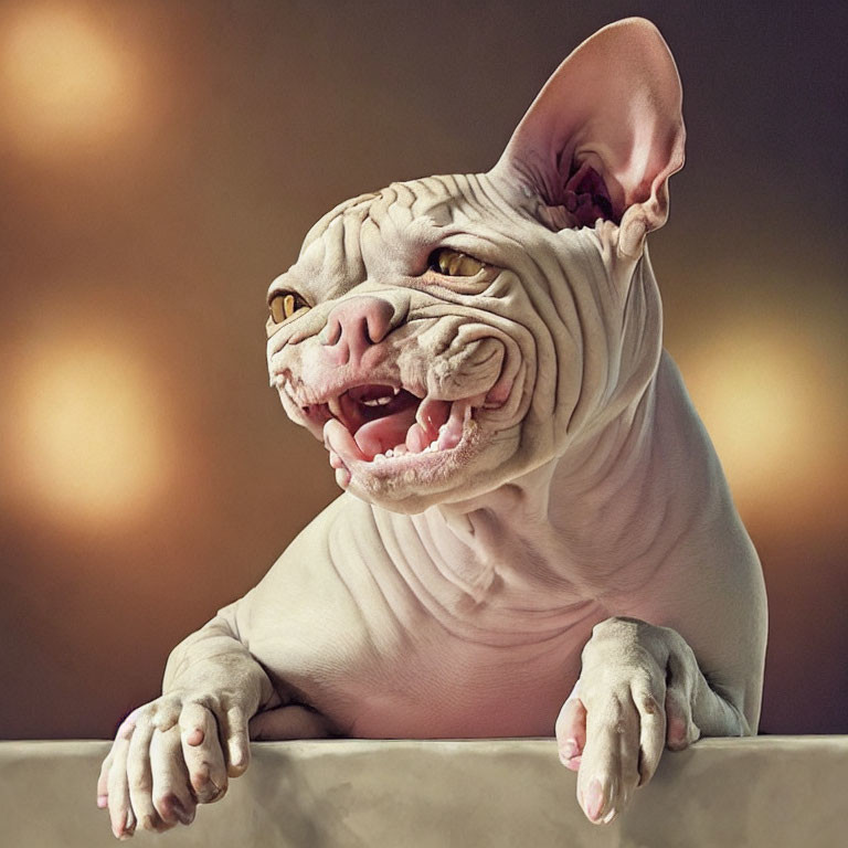 Whimsical dog-bodied creature with hairless cat-like face peering over edge