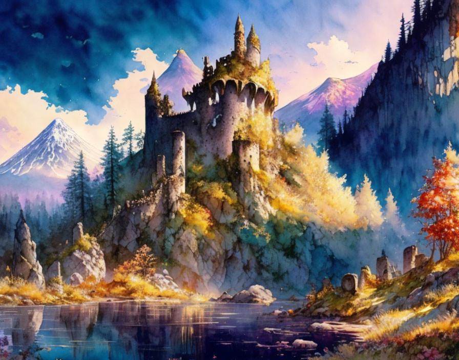 Medieval castle on lush hill with autumn trees, serene lake & distant mountains