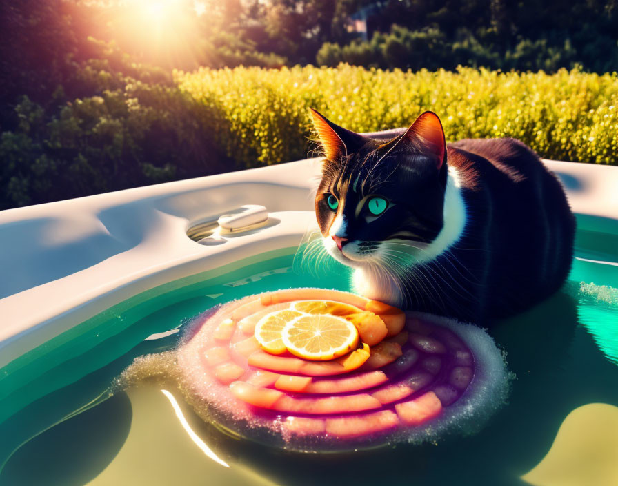 Cat relaxing on fruit slice in sunny bathtub
