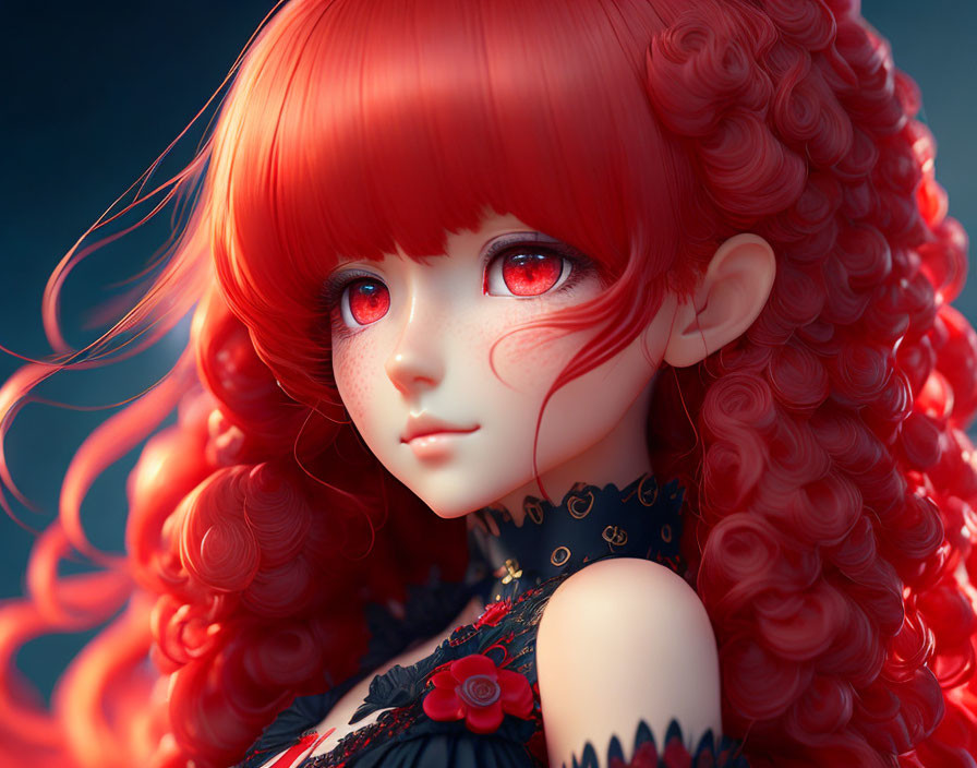 Digital artwork featuring character with red curly hair, red eyes, delicate facial features, and black floral garment