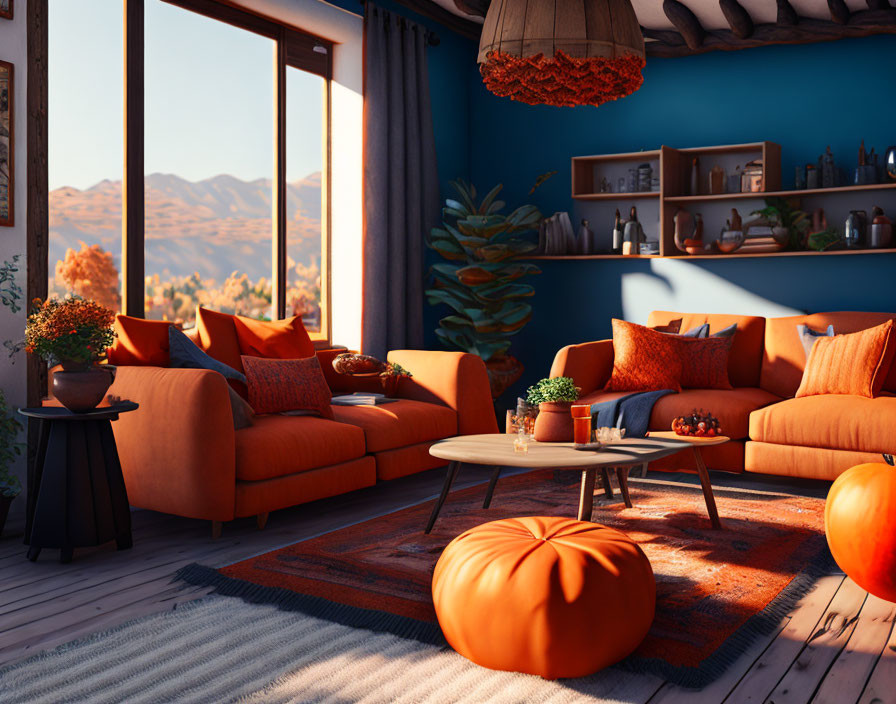 Cozy living room with orange sofas, round table, plants, and mountain view at sunset