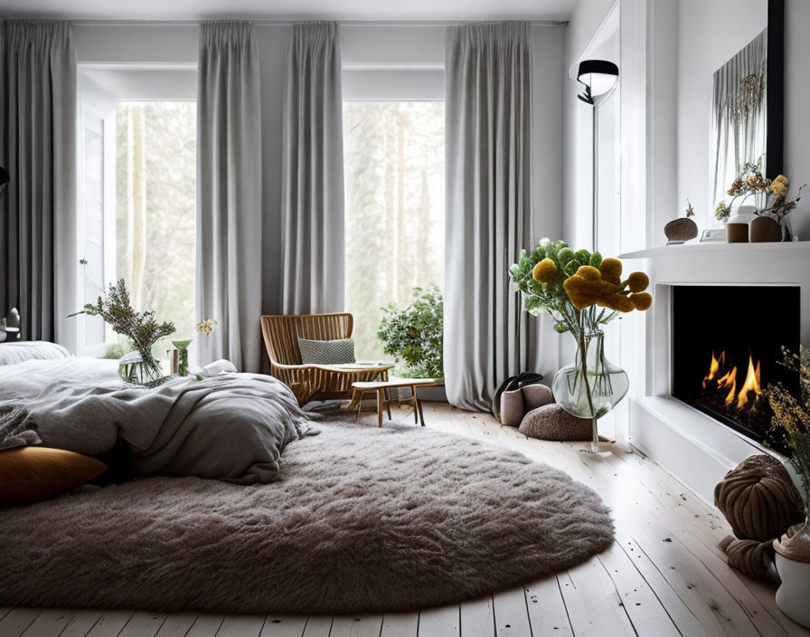 Modern Bedroom with Plush Bed, Wooden Chair, Fireplace, Large Windows, and Plants