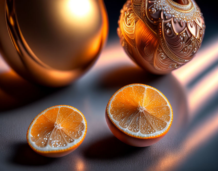 Fresh orange halves with golden baubles on soft-lit surface