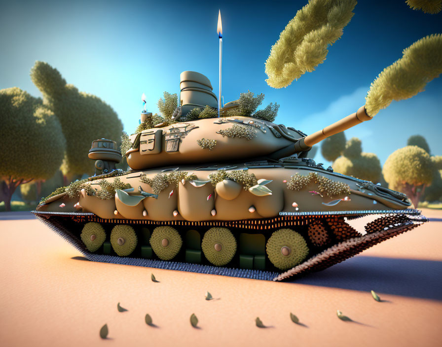 Whimsical cartoon illustration of a fruit-adorned military tank