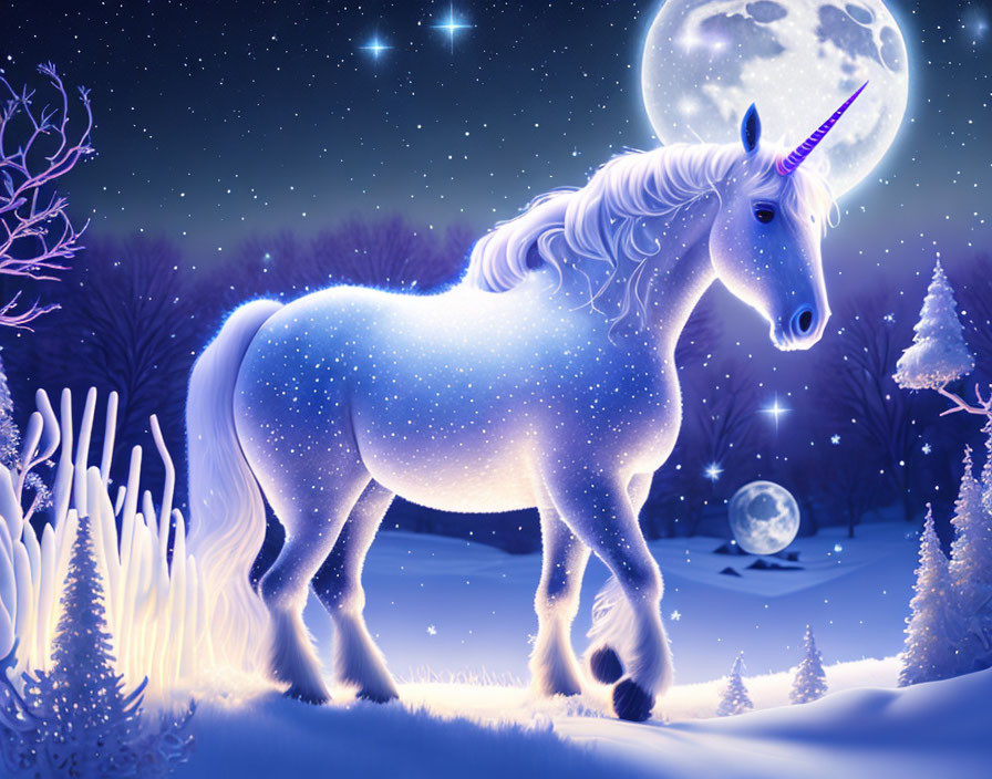 White unicorn with spiraling horn in mystical winter landscape under starry night sky.