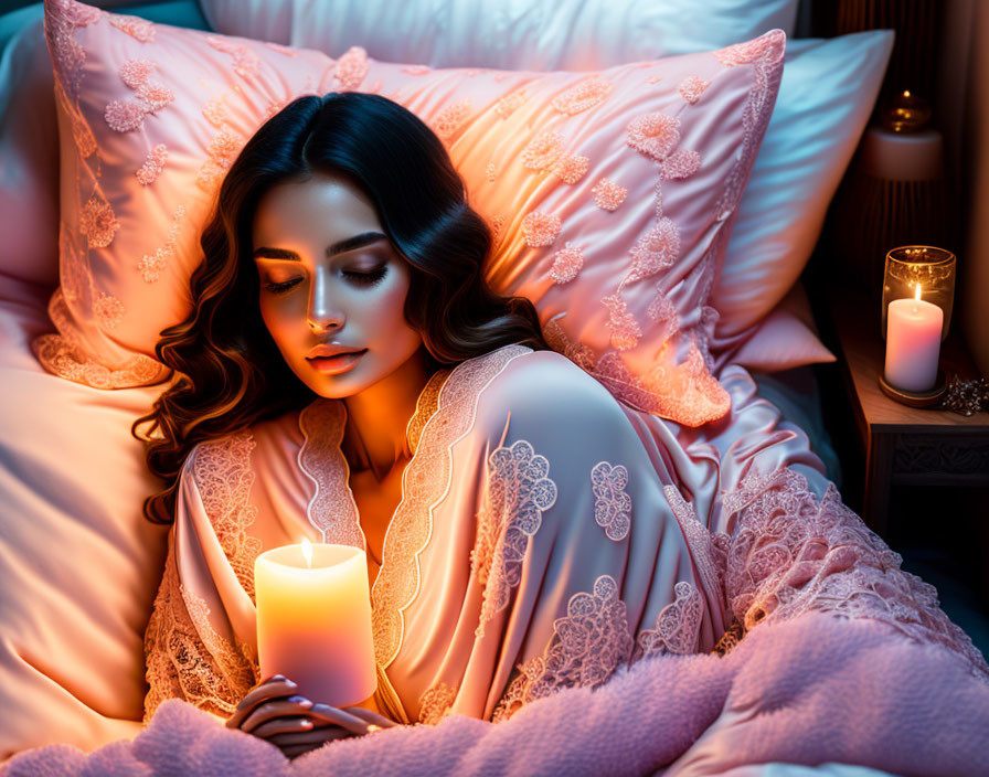 Woman in lace-trimmed robe with lit candle in dimly lit room