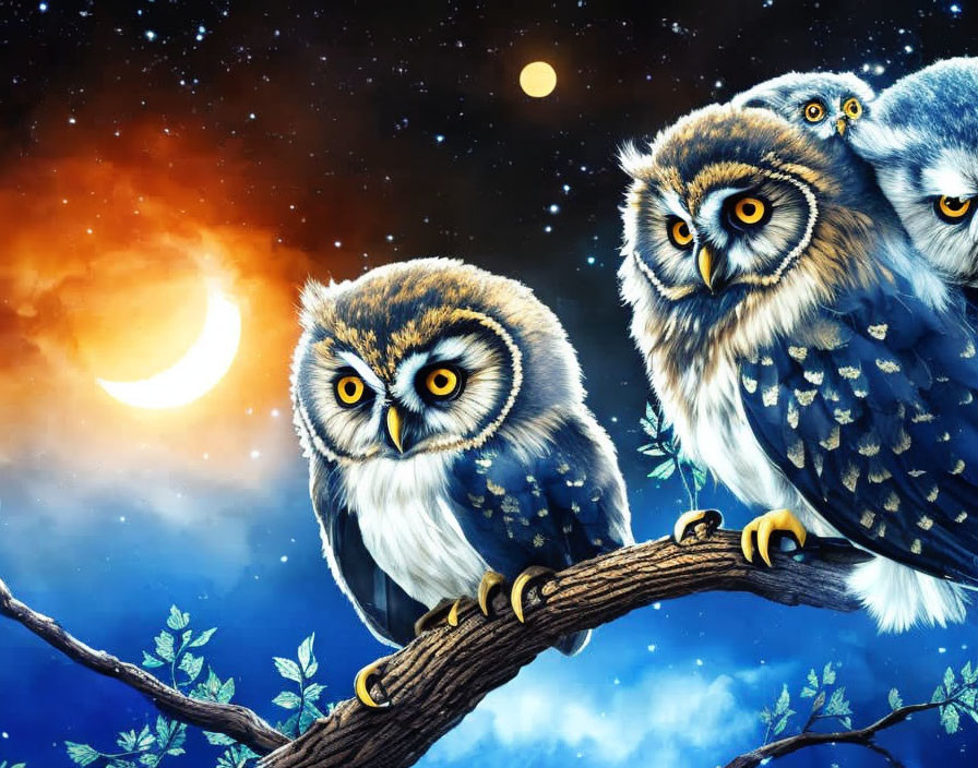 Three owls on branch under starry night sky with full moon.