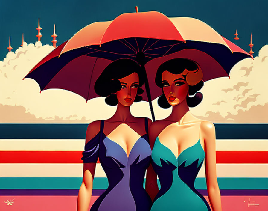 Stylized women under red umbrella in retro-futuristic cityscape