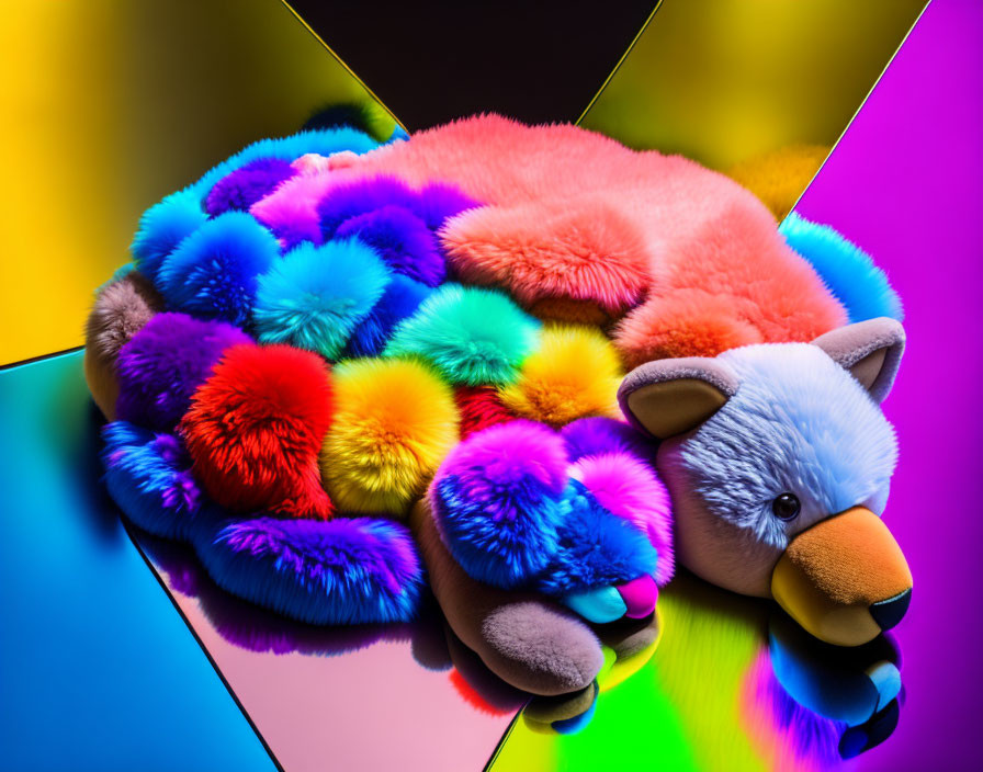 Colorful Teddy Bear with Rainbow Patchwork Fur on Reflective Geometric Surface