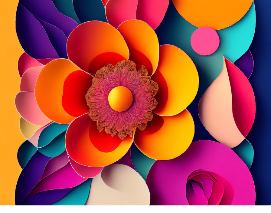 Colorful 3D paper floral artwork on blue background