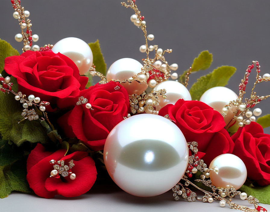 Red roses, green leaves, pearls, and beads on grey background.