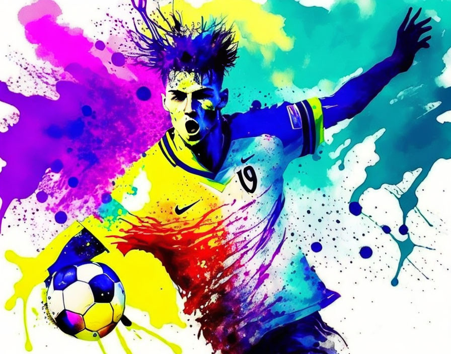 Vibrant soccer player artwork with dynamic paint splashes