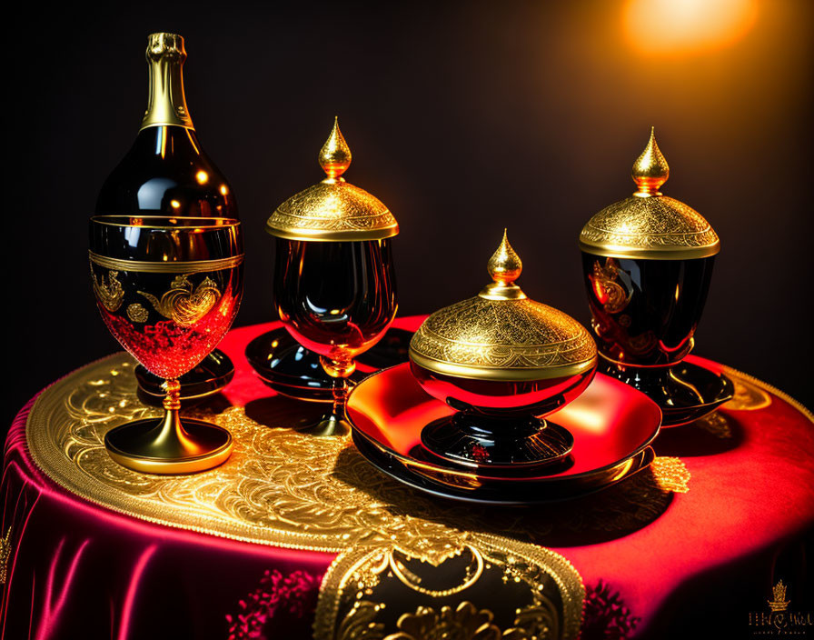 Elegant traditional tableware with gold patterns on red cloth