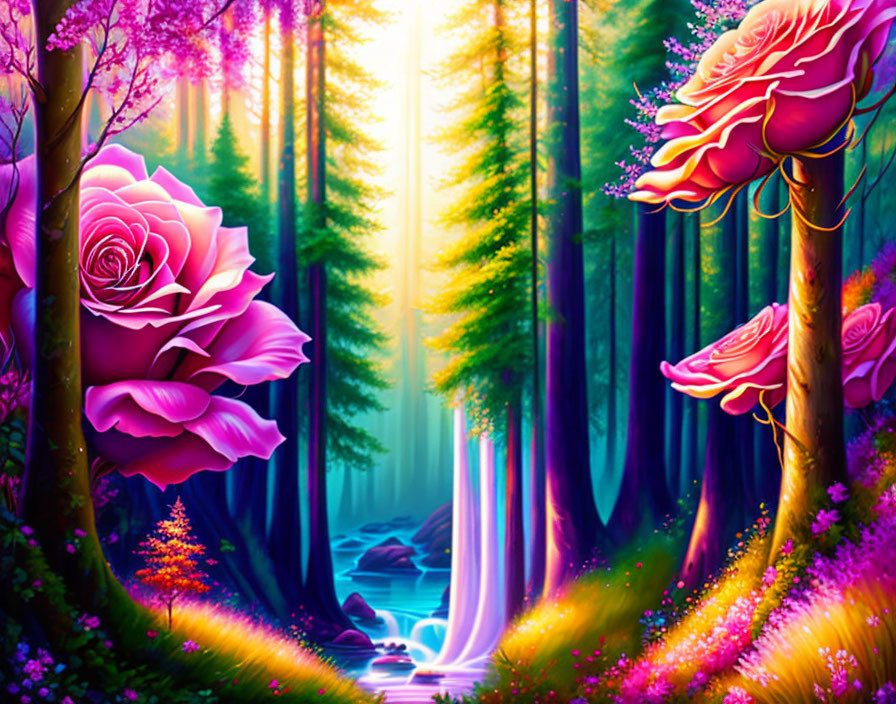 Fantasy forest with pink roses, waterfall, purple foliage, and sunlight beams