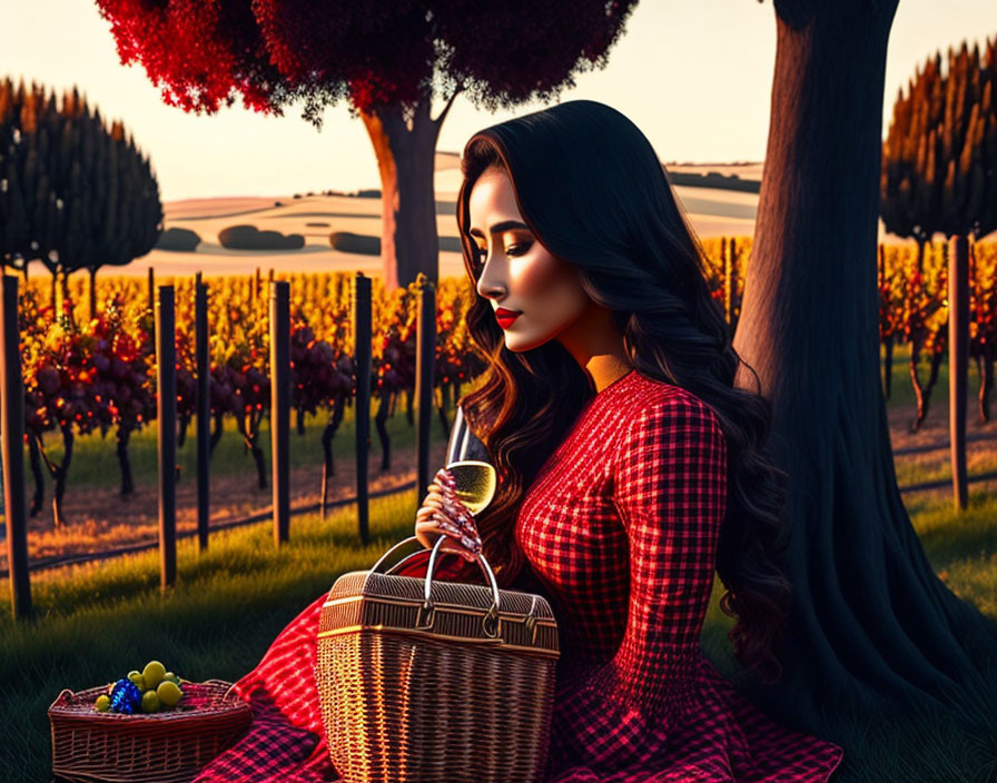 Woman in Red Dress Sitting by Vineyard at Sunset with Wine Glass and Picnic Basket