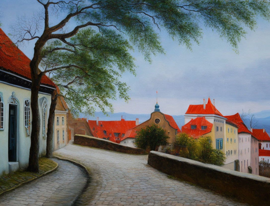 Traditional houses on cobblestone street with leafless tree and misty hills view