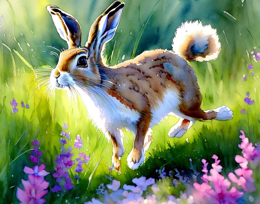 Colorful Watercolor Painting: Hare in Meadow with Wildflowers