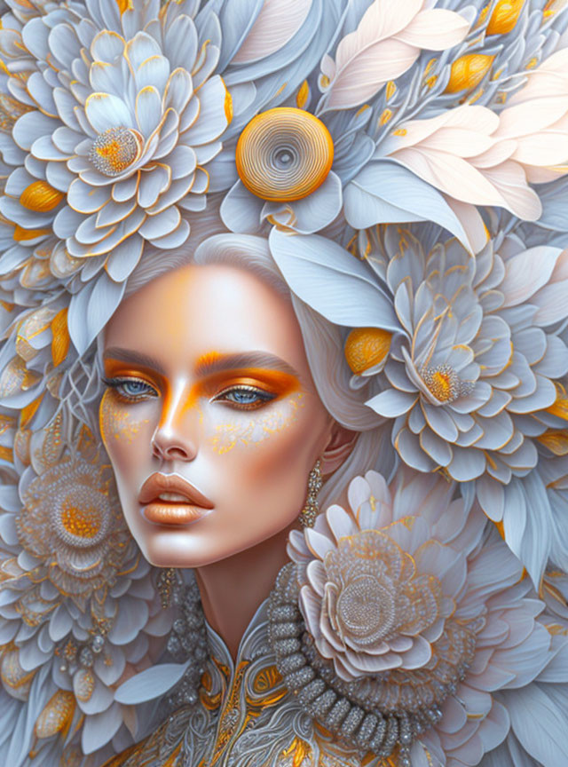 Digital Art Portrait of Woman with Floral Elements in Blue, White, & Gold