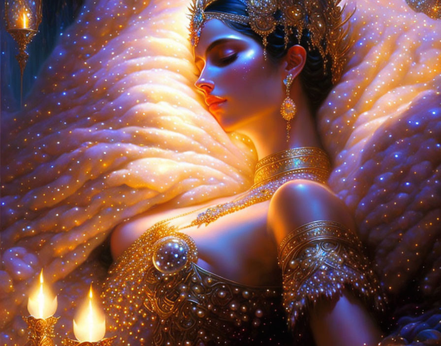 Glowing woman in gold jewelry and elaborate headdress surrounded by lights