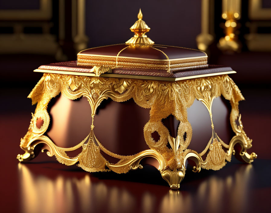Golden ornate table with intricate designs and maroon top in dark interior