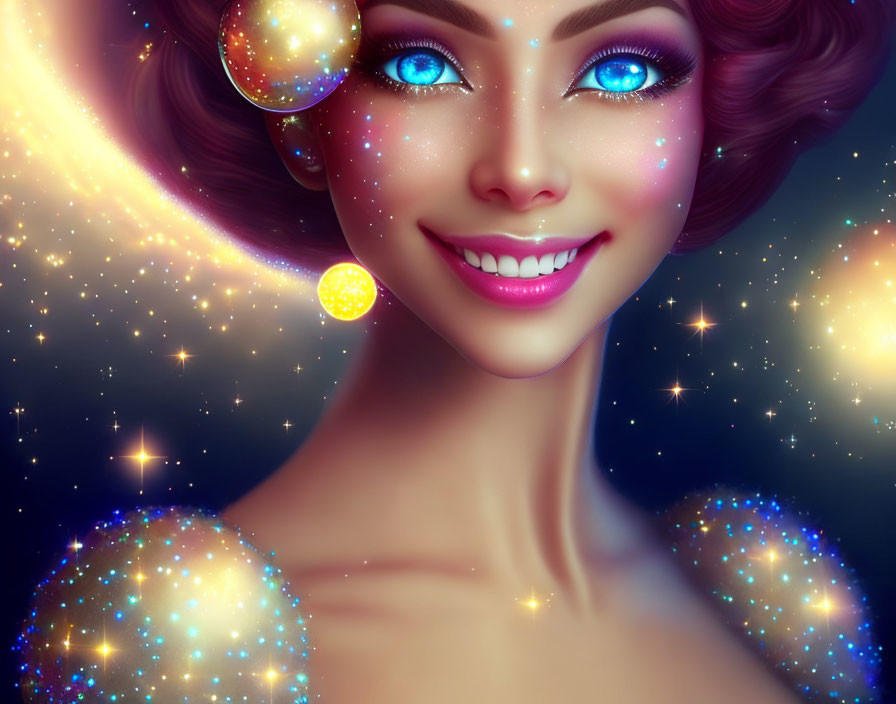 Cosmic-themed digital artwork of a woman with bright blue eyes