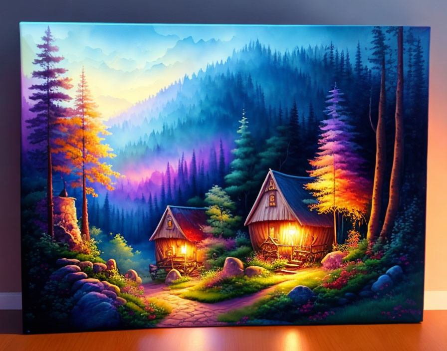 Colorful painting of cozy cottages in mystical forest at dusk