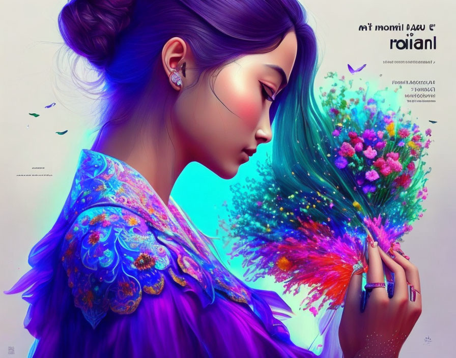 Colorful digital artwork: Woman with purple hair, holding bouquet, in blue and purple outfit