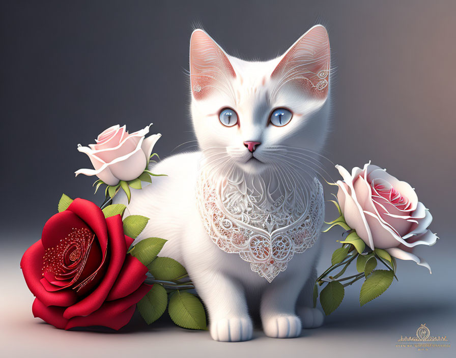White Kitten with Blue Eyes Beside Red and White Roses in Digital Art