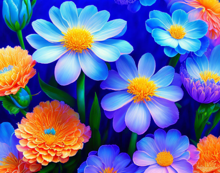 Colorful blue and orange flowers with yellow stamens on deep blue backdrop