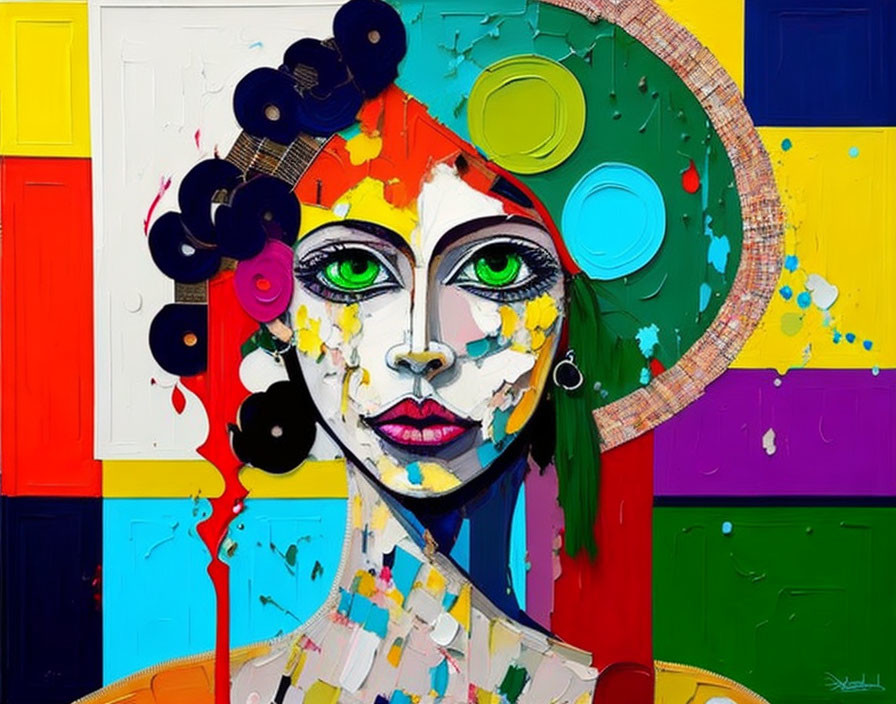 Abstract portrait of stylized woman with green eyes on vibrant multicolored background