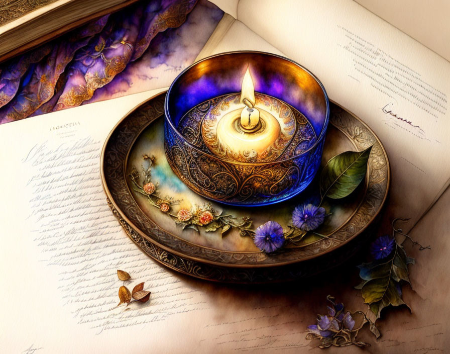 Lit candle on open book with script, dried flowers, leaves, seeds