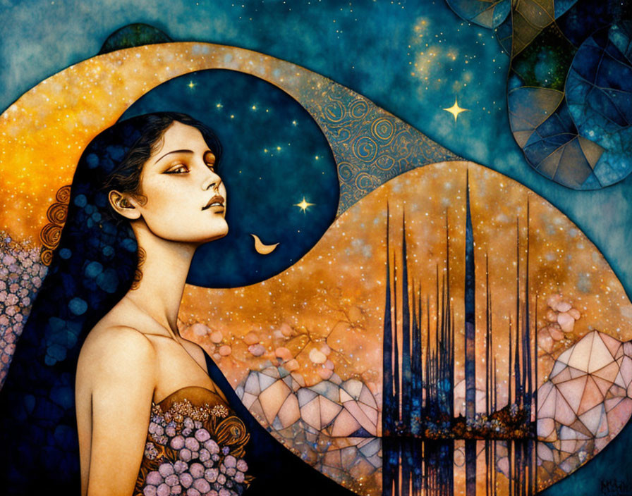 Stylized cosmic woman painting with golden palette & celestial elements