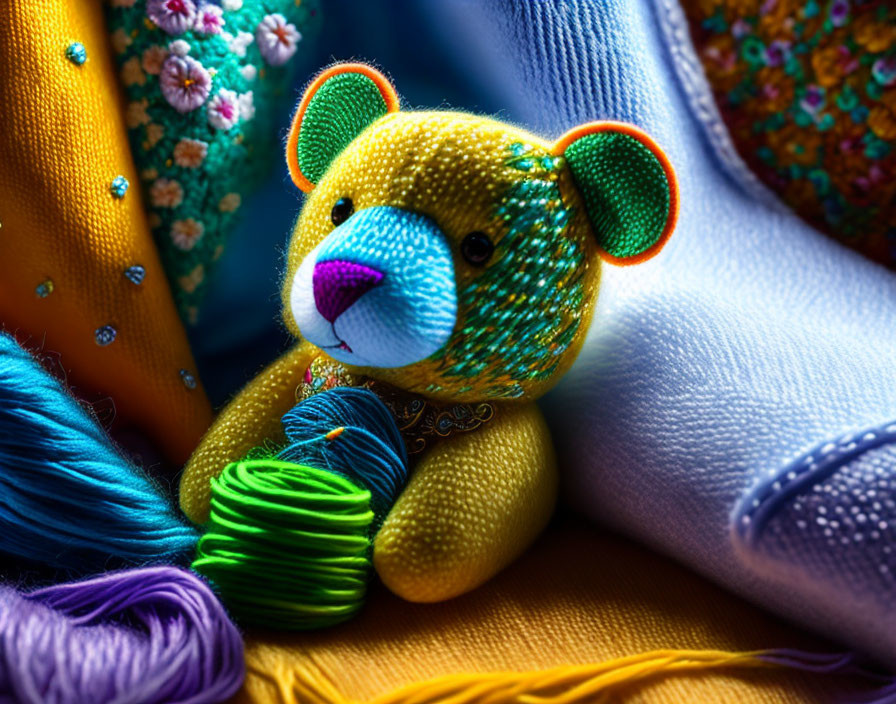 Colorful Bejeweled Teddy Bear with Vibrant Fabrics and Rich Textures