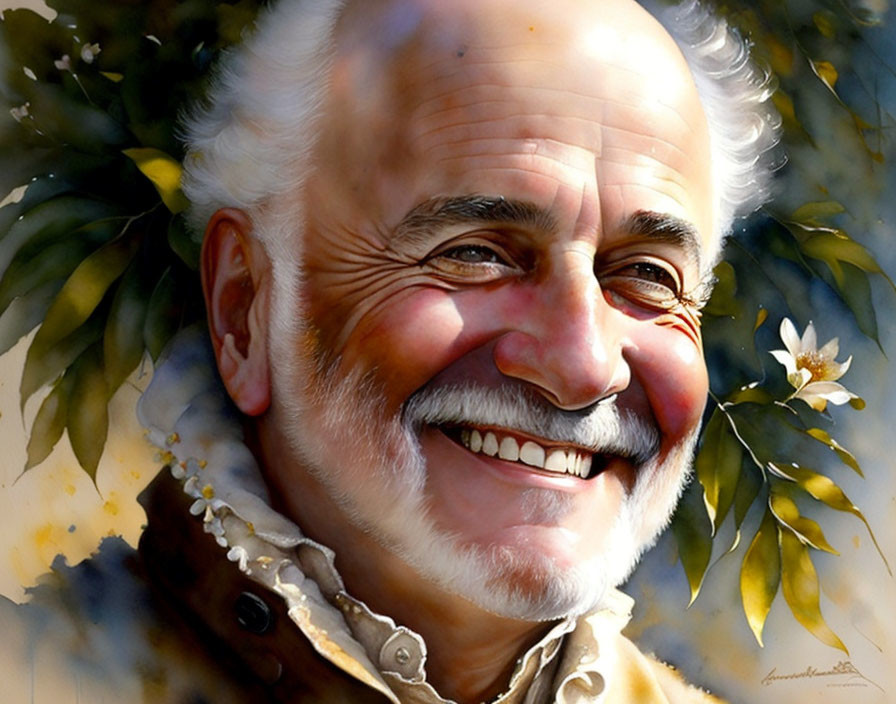 Elderly man with white hair and mustache in brown coat painting with soft-focus foliage