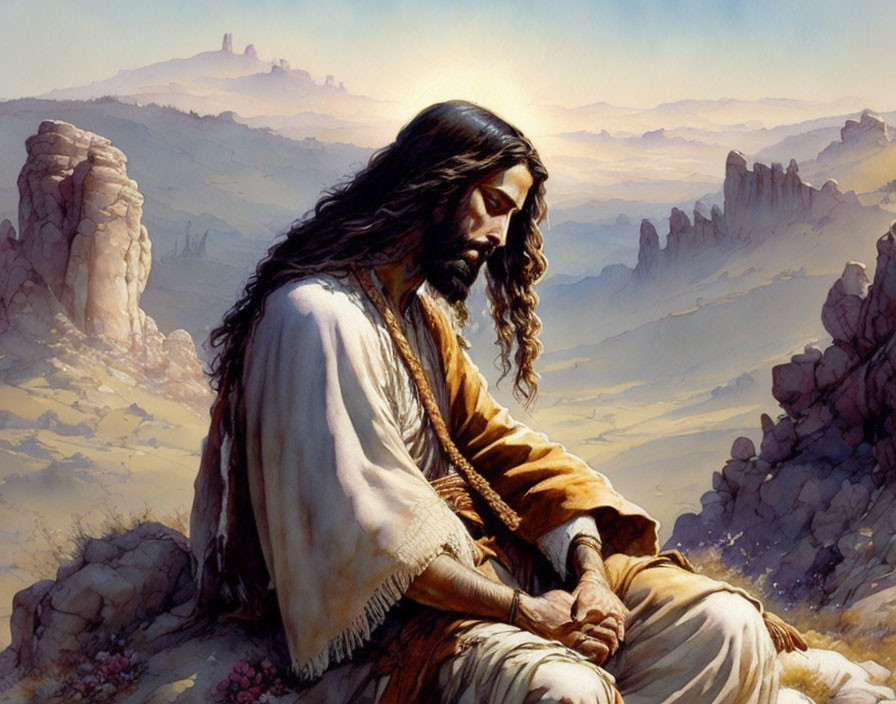 Illustration of robed man in desert landscape contemplating