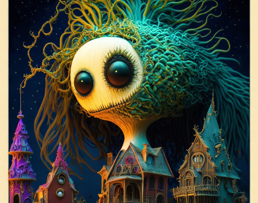 Fantastical creature with coral-like mane above colorful buildings