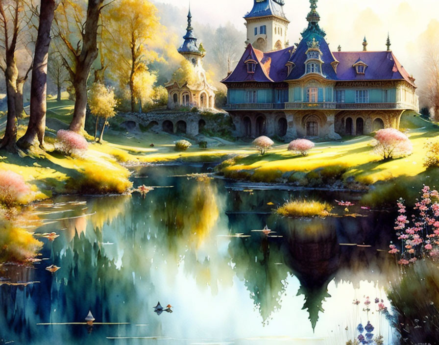 Illustration of fairytale mansion by serene pond with lush trees & colorful flora