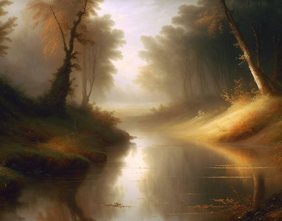 Tranquil landscape painting of misty forest and serene river