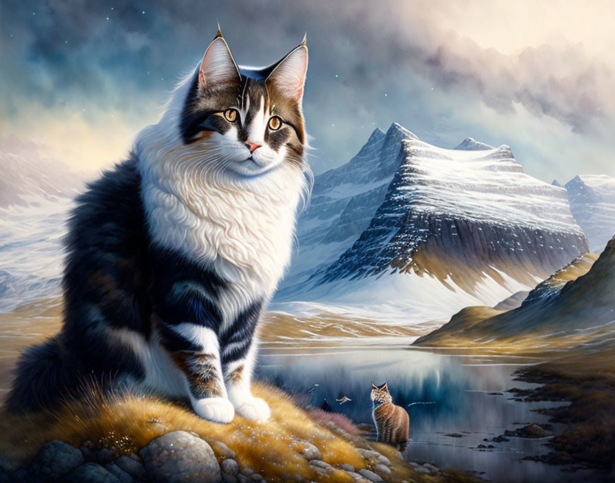 Large fluffy tabby cat on rocky outcrop in serene mountain landscape