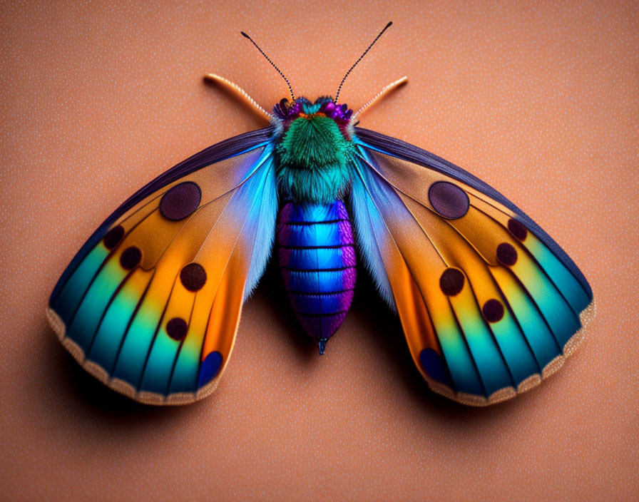 Colorful Butterfly with Blue and Purple Iridescent Wings on Orange Background