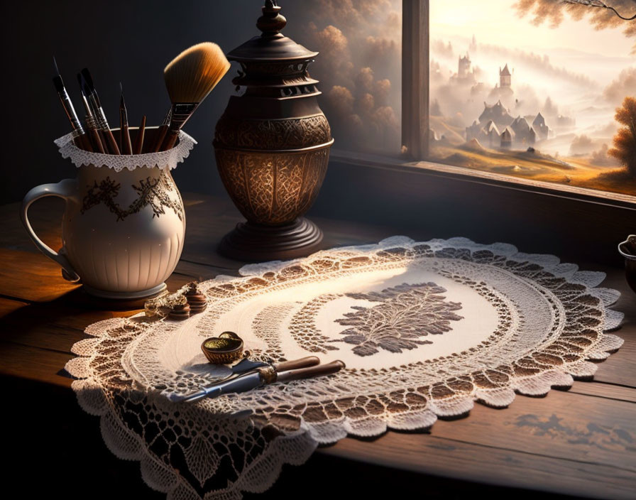 Workspace with art tools, lace doily, watch, and castle view at sunset
