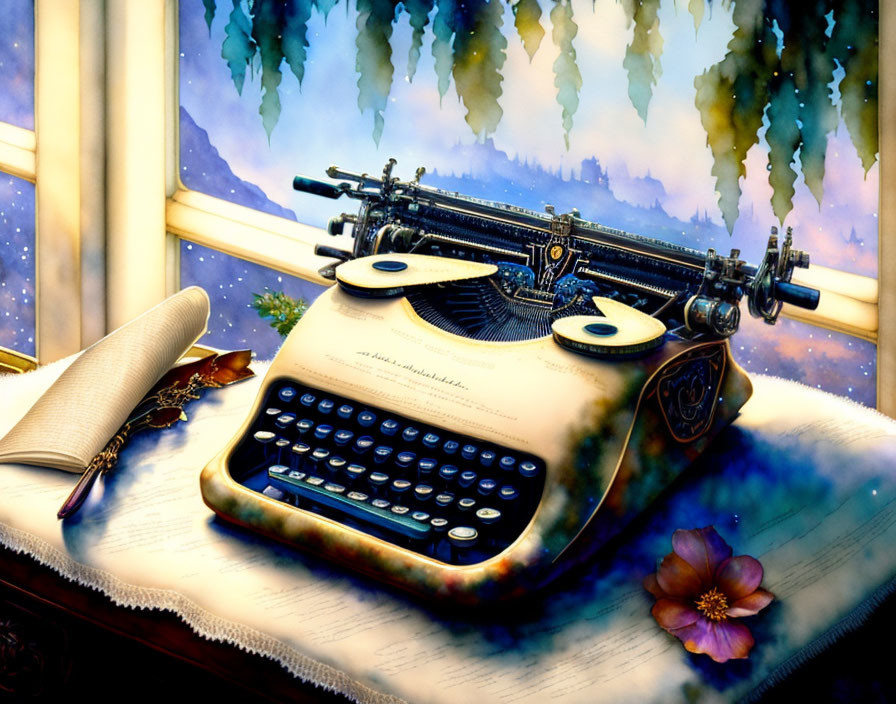 Vintage Typewriter, Book, Pen, Flower on Wood Surface with Serene Landscape View