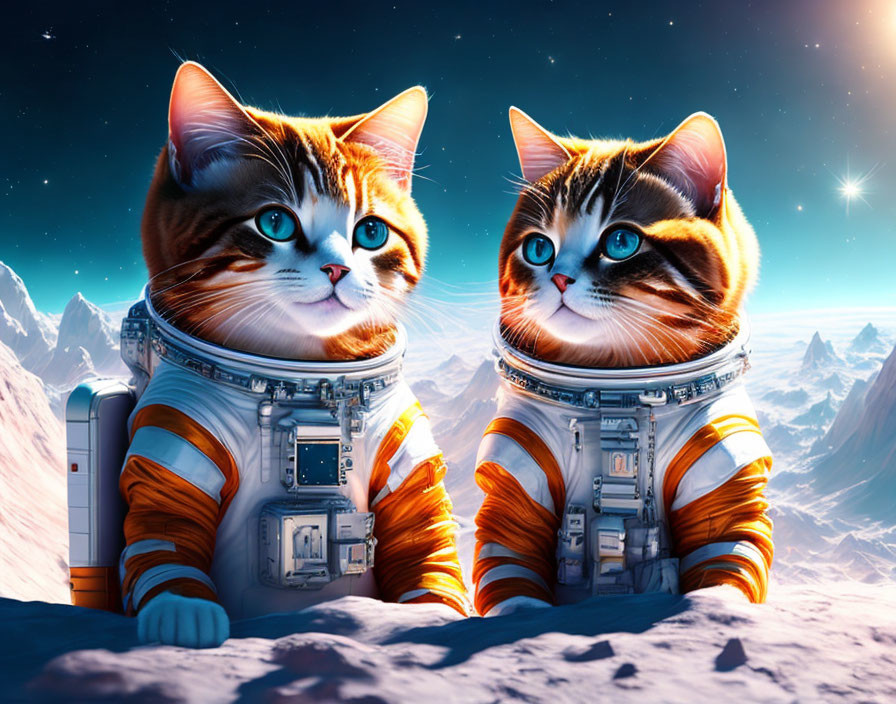 Two cats in astronaut suits on lunar-like surface with starry space and mountains.