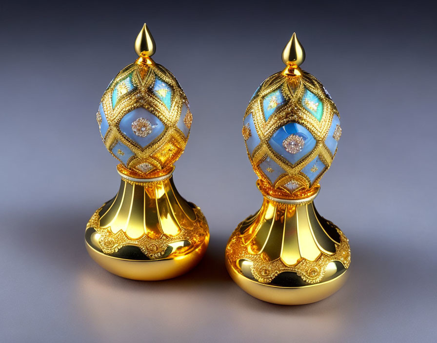Ornate golden perfume bottles with jewel details on gradient background
