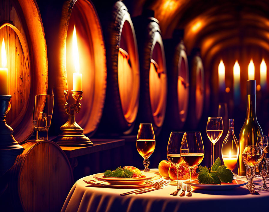 Cozy wine cellar dining scene with candles, wine glasses, and food plates