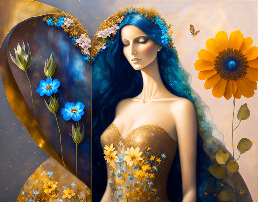 Fantasy illustration of woman with blue hair in floral crown, surrounded by golden heart frame with flowers and