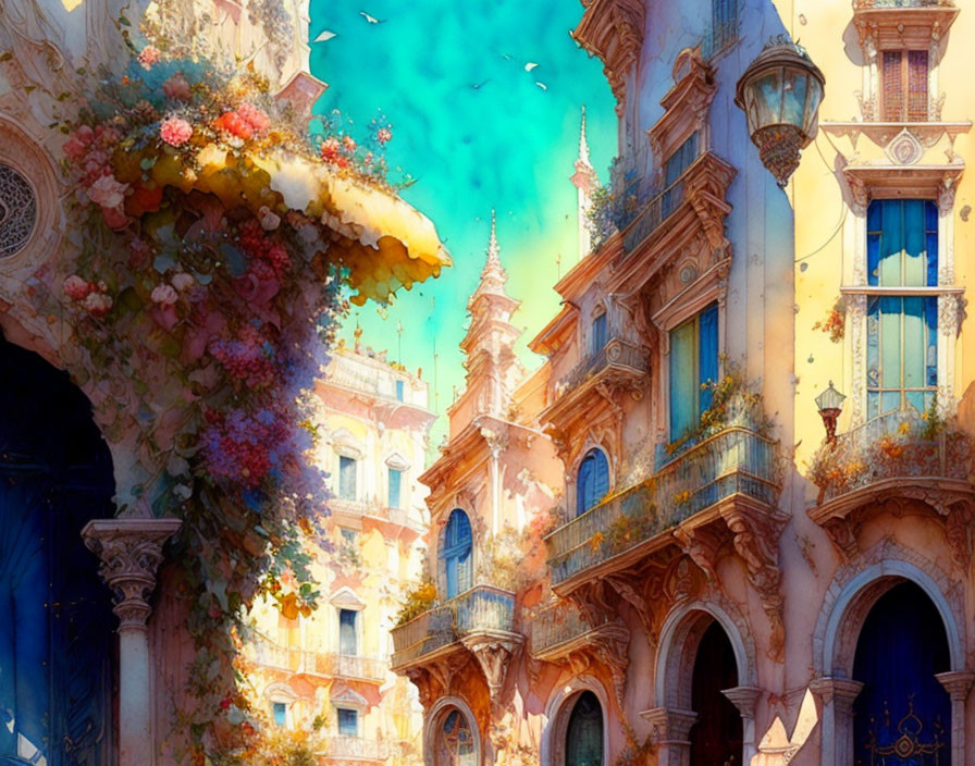 Colorful digital artwork of European-style building with floral decorations under blue sky