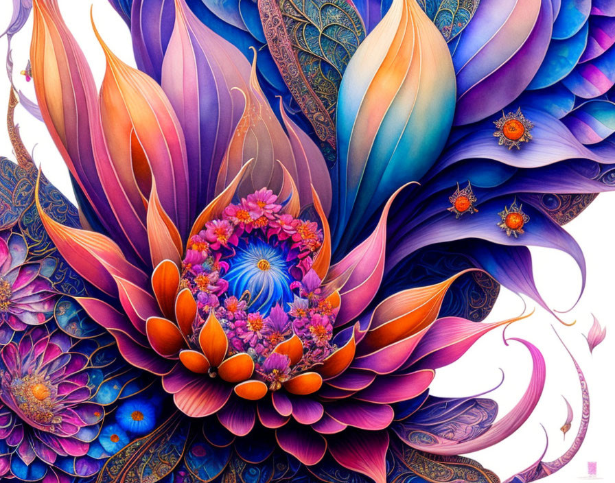 Colorful Floral Illustration with Pink, Purple, and Blue Hues and Intricate Patterns
