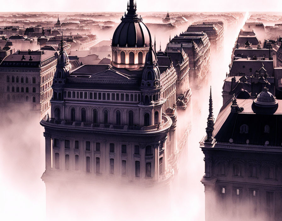 Majestic building with large dome in golden-hued fog