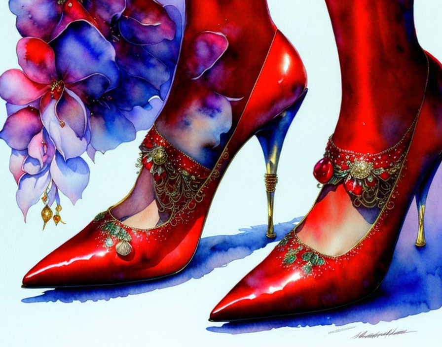 Colorful Watercolor Illustration of Red High-Heeled Shoes with Golden Embellishments and Purple